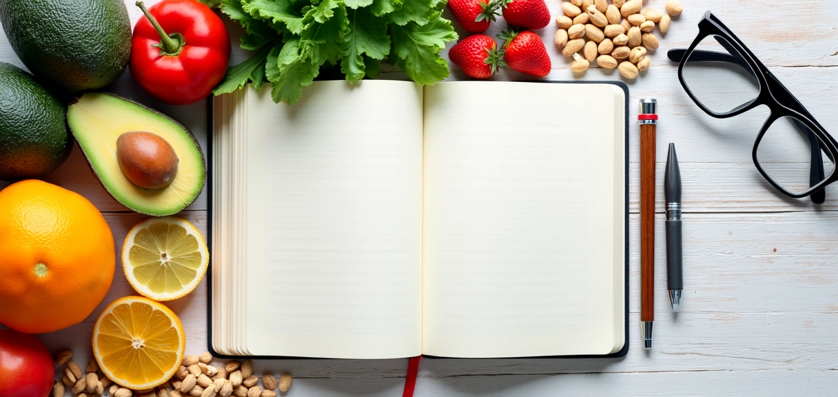 Immagine di un'intestazione di blog con cibo sano, un quaderno e una penna