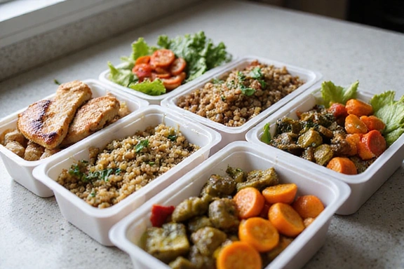 Una serie di contenitori per il pasto preparato con diverse opzioni salutari