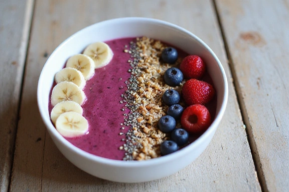 Una ciotola di smoothie colorata con frutta fresca e muesli