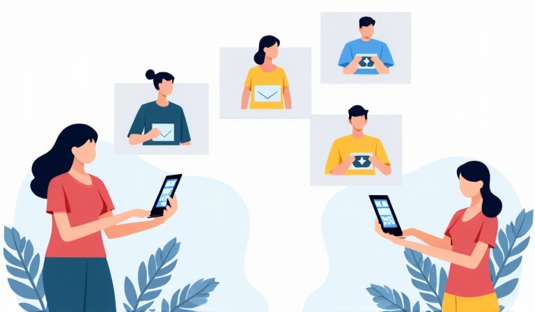 Illustrazione di persone che comunicano attraverso dispositivi digitali, con icone di telefono, email e chat che fluttuano attorno a loro.