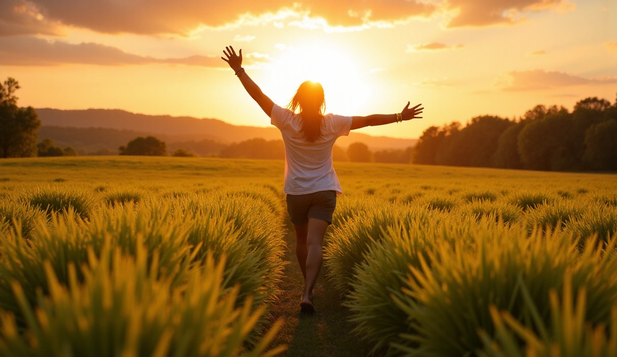 Immagine ispiratrice di una persona che corre felice su un prato verde al tramonto, con le braccia aperte, simboleggiando libertà, salute e gioia di vivere.