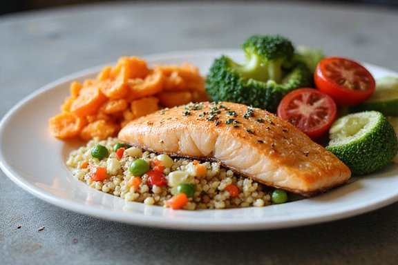 Un piatto bilanciato con proteine magre, verdure colorate e carboidrati complessi, presentato in modo appetitoso su un tavolo moderno.