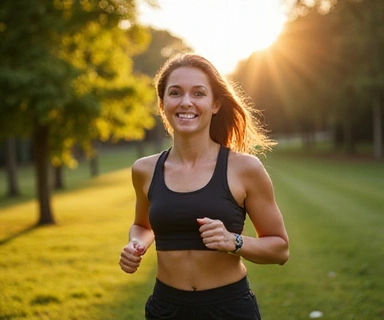 Donna sorridente che fa jogging in un parco